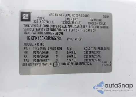 2008 GMC Yukon Slt из США, поврежденный, VIN 1GKFK130X8R265784